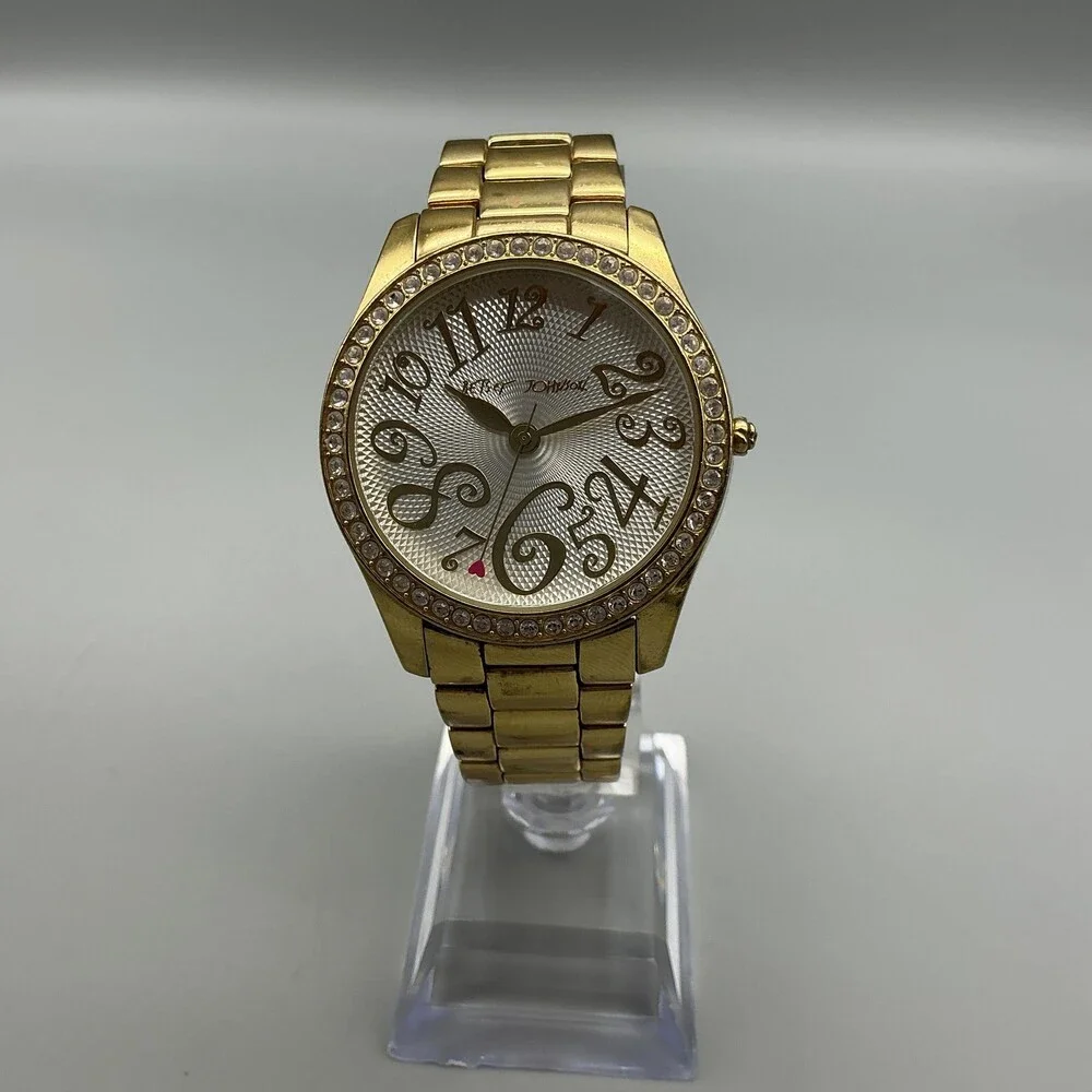 Betsey Johnson Womens Watch 39mm Silver Gold Tone Crystals New Battery 7.25